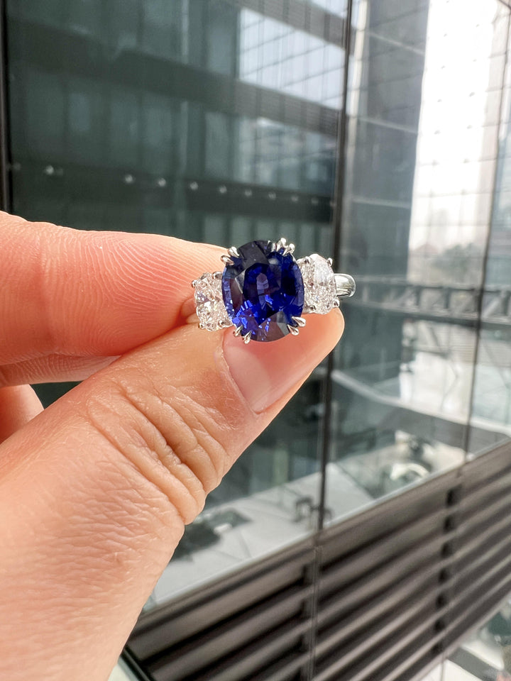 Lab-Created Oval Blue Sapphire Diamond Platinum Modern Cocktail Ring