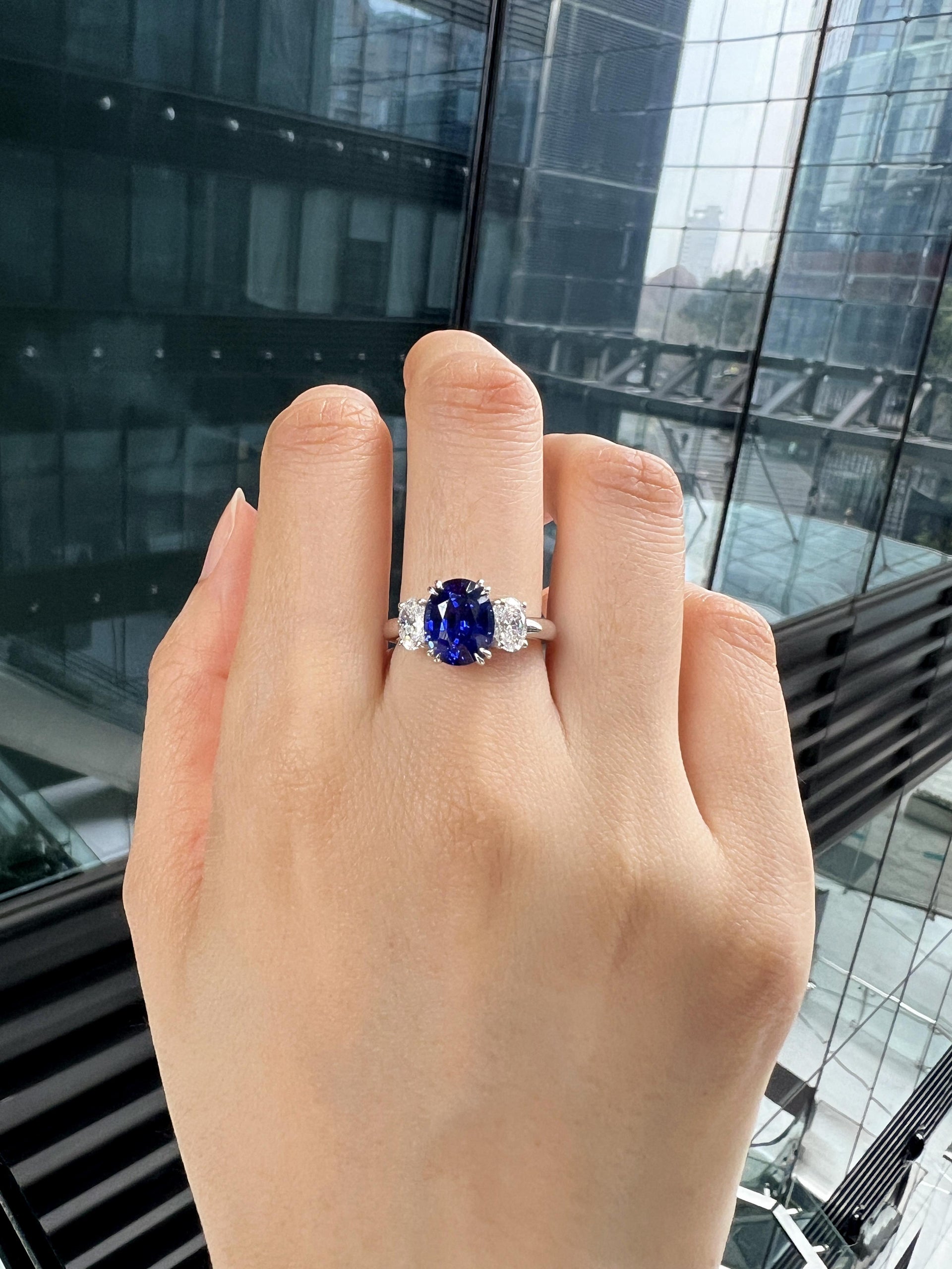 Lab-Created Oval Blue Sapphire Diamond Platinum Modern Cocktail Ring