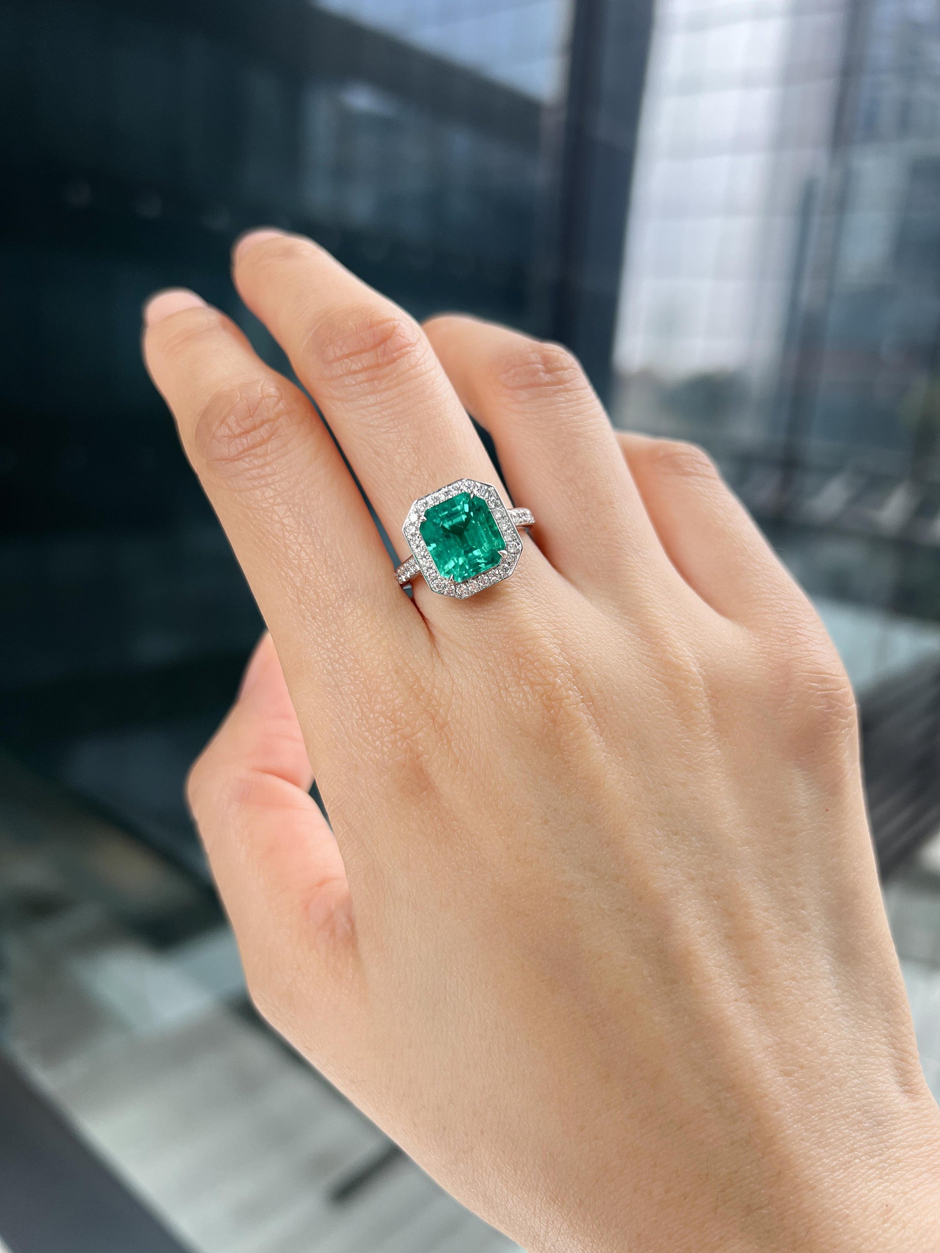 Lab-Created Emerald Diamond Platinum Modern Cocktail Ring