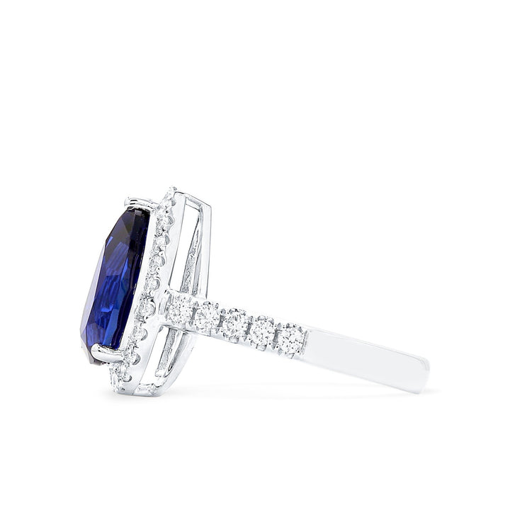 Lab-Created Pear Shape Blue Sapphire Diamond Halo Platinum Modern Cocktail Ring