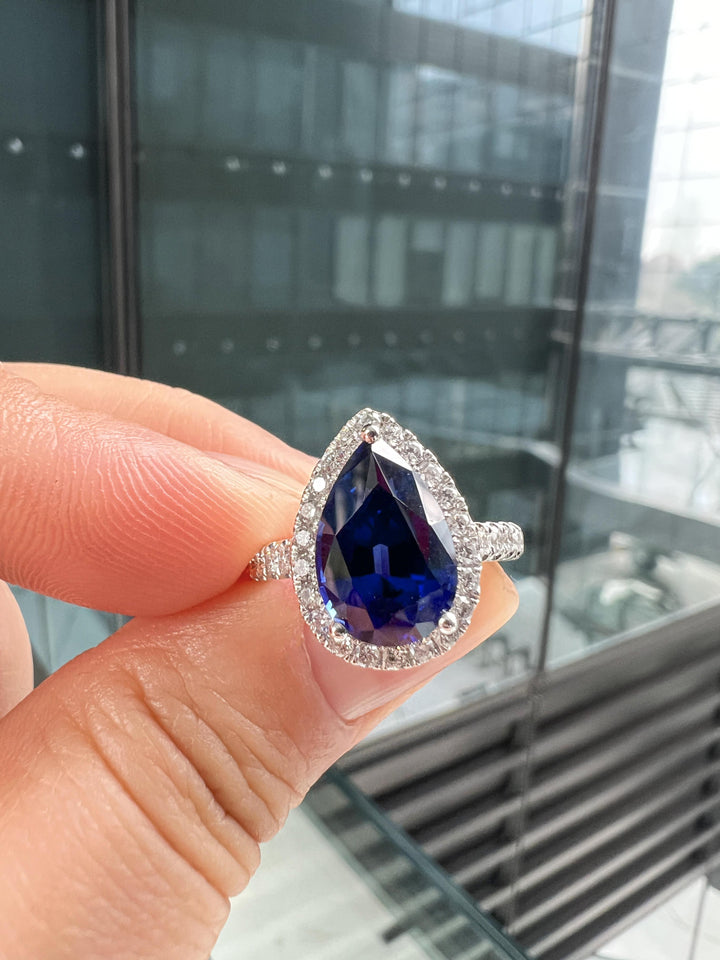 Lab-Created Pear Shape Blue Sapphire Diamond Halo Platinum Modern Cocktail Ring