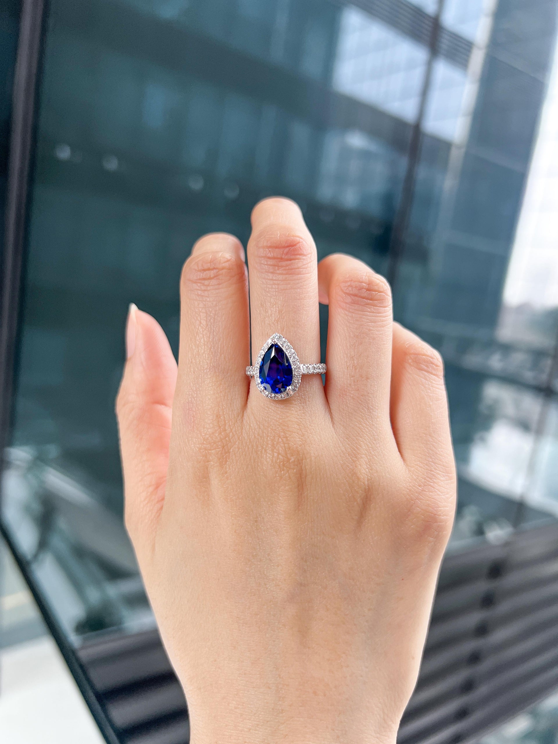 Lab-Created Pear Shape Blue Sapphire Diamond Halo Platinum Modern Cocktail Ring