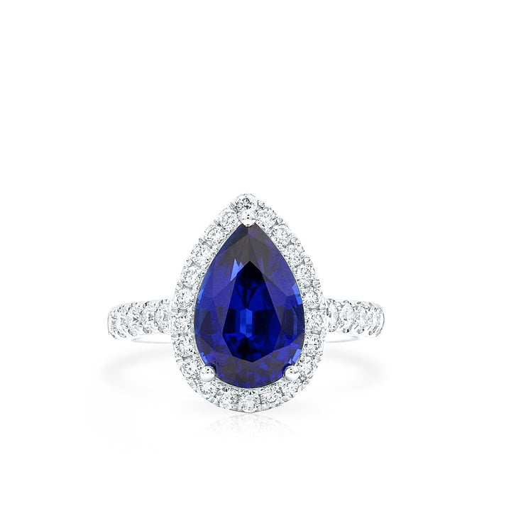 Lab-Created Pear Shape Blue Sapphire Diamond Halo Platinum Modern Cocktail Ring