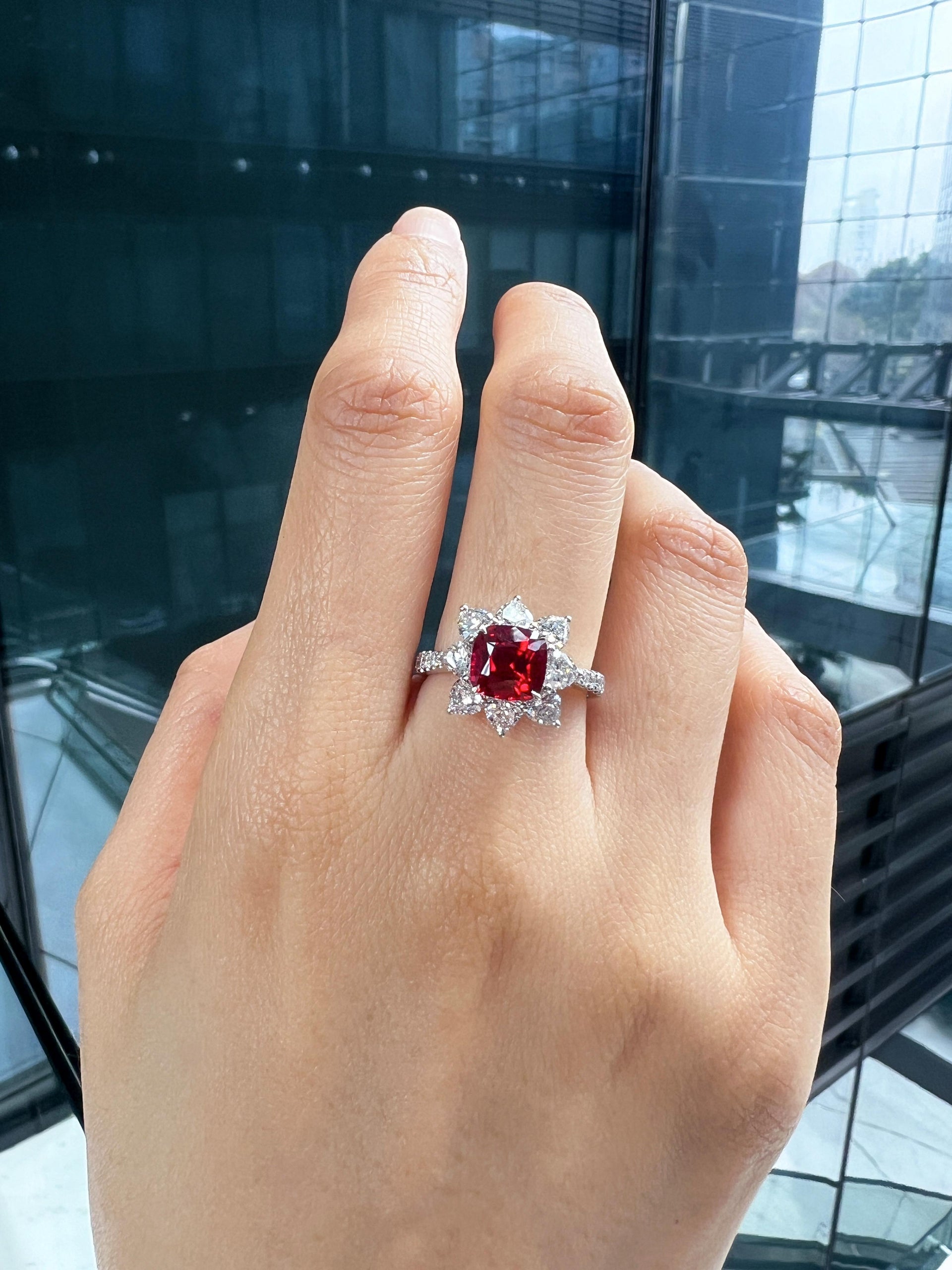 Lab-Created Cushion Cut Ruby Diamond Platinum Modern Cocktail Ring