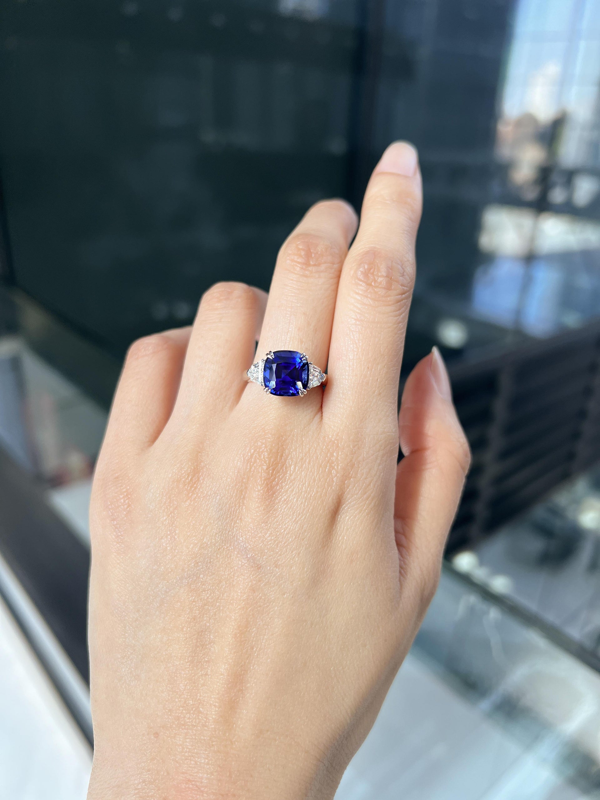 Lab-Created Blue Sapphire Diamond Platinum Modern Cocktail Ring