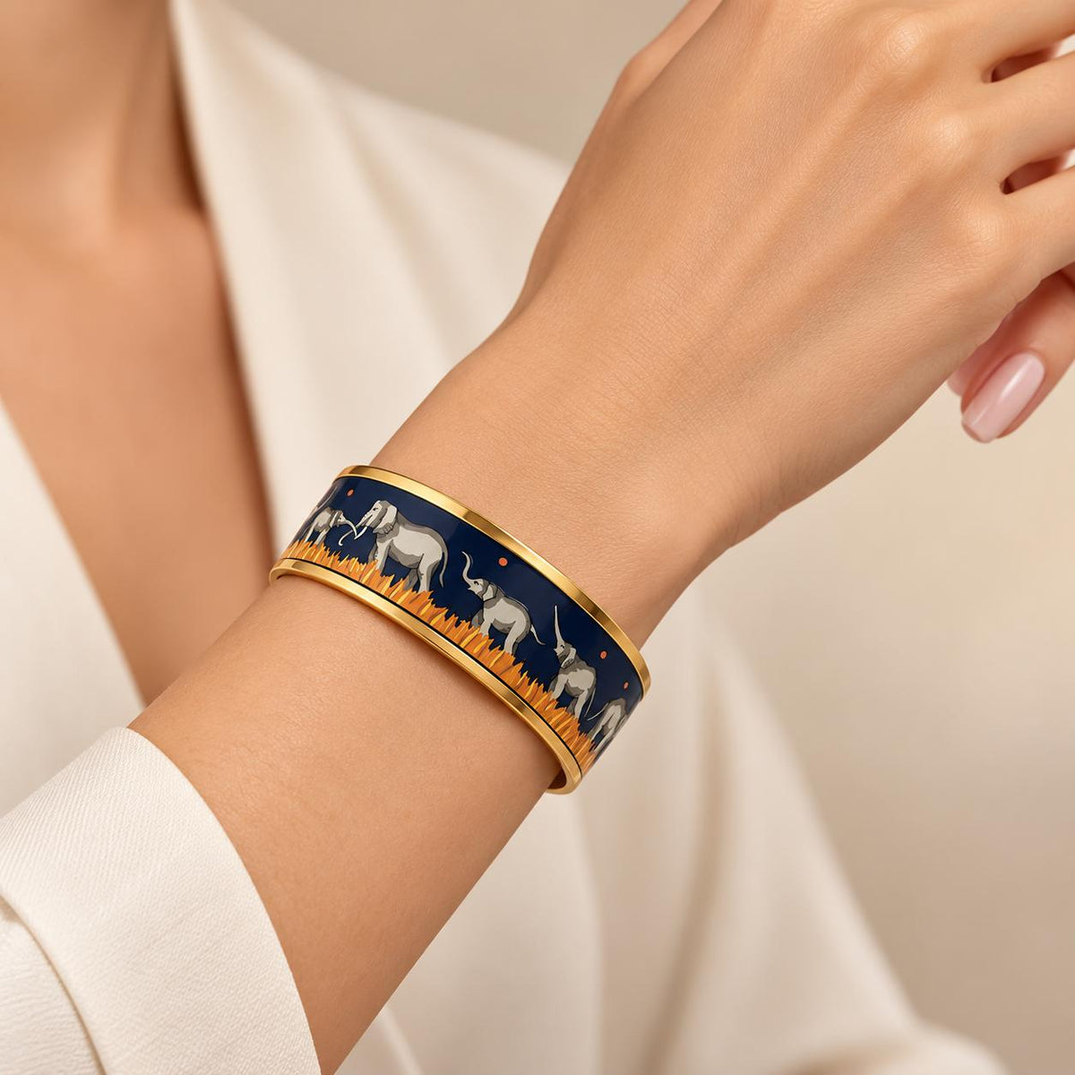 Hermès  Elephants Grazing Enamel Bangle Bracelet