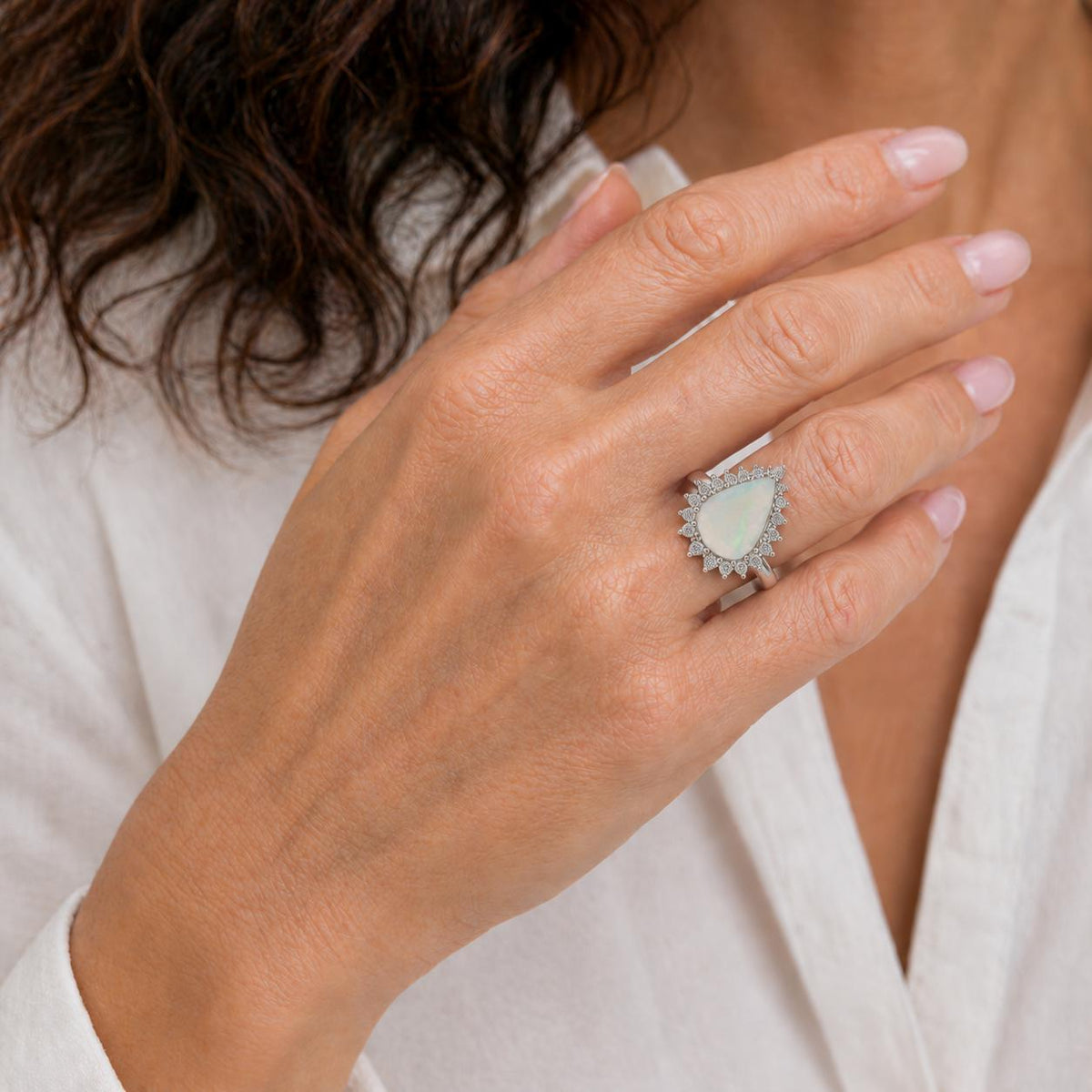 Pear-Shape Opal Diamond 14 Karat White Gold Vintage Cocktail Ring