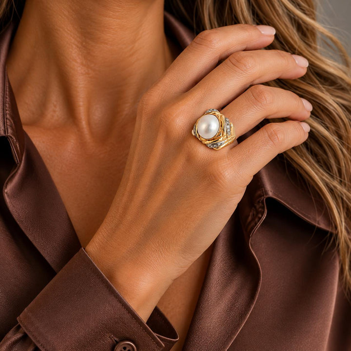 Mabé Pearl Diamond 14 Karat Yellow Gold Vintage Cocktail Ring