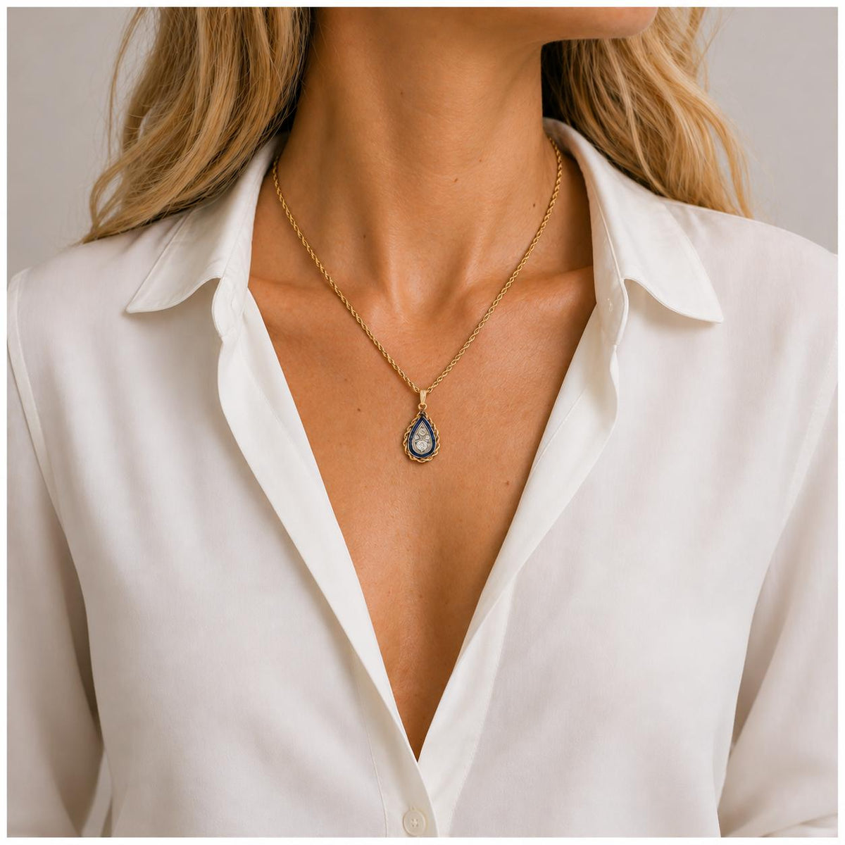 Diamond Sapphire Pear-Shape Drop Vintage Pendant 14KYG/Plat Rope Chain