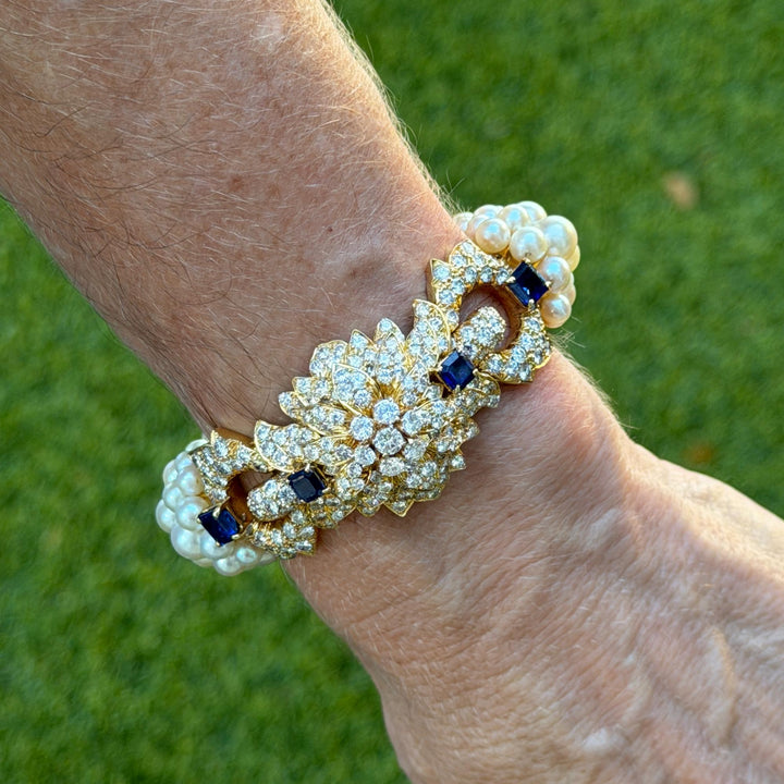 David Webb Diamond Sapphire Pearl 18 Karat Yellow Gold Vintage Bracelet