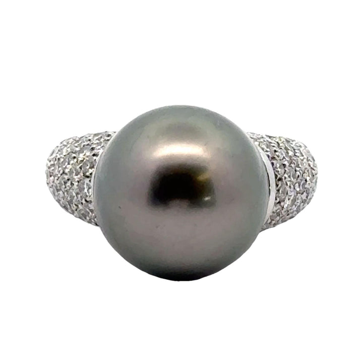 Modern Black Tahitian Pearl Diamond Platinum Cocktail Ring