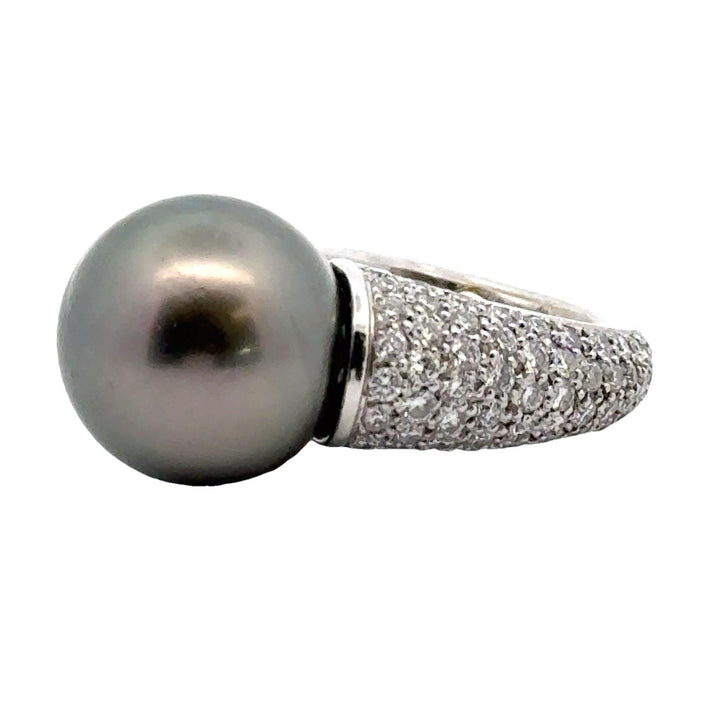 Modern Black Tahitian Pearl Diamond Platinum Cocktail Ring