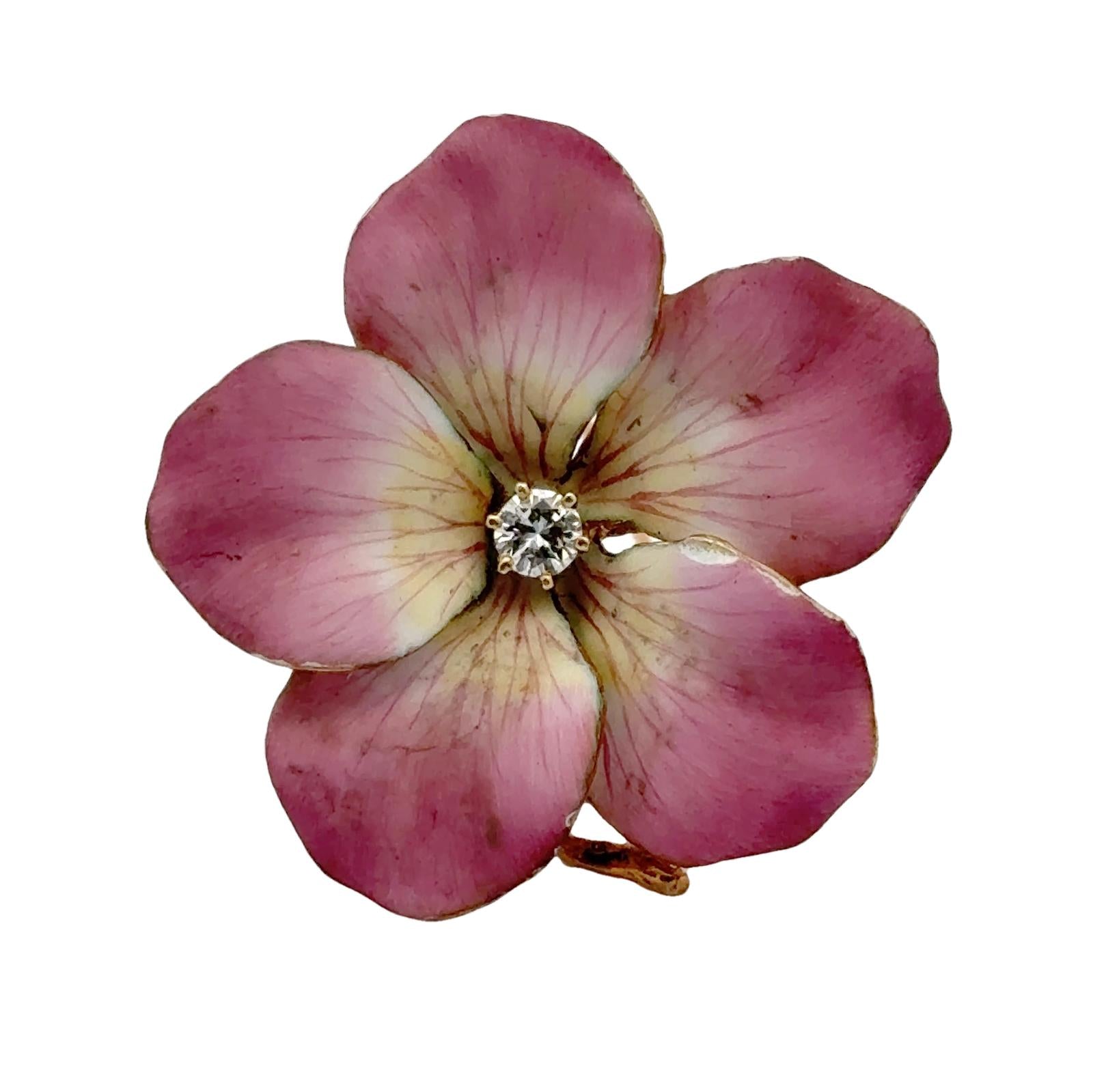 Mid-20th Century Pink Enamel Diamond 14KY Gold Pansy Floral Brooch