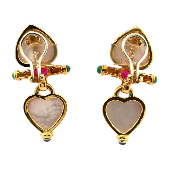 Mabe Pearl Diamond Emerald Ruby Sapphire Heart Drop 18KYG Leverback Earrings