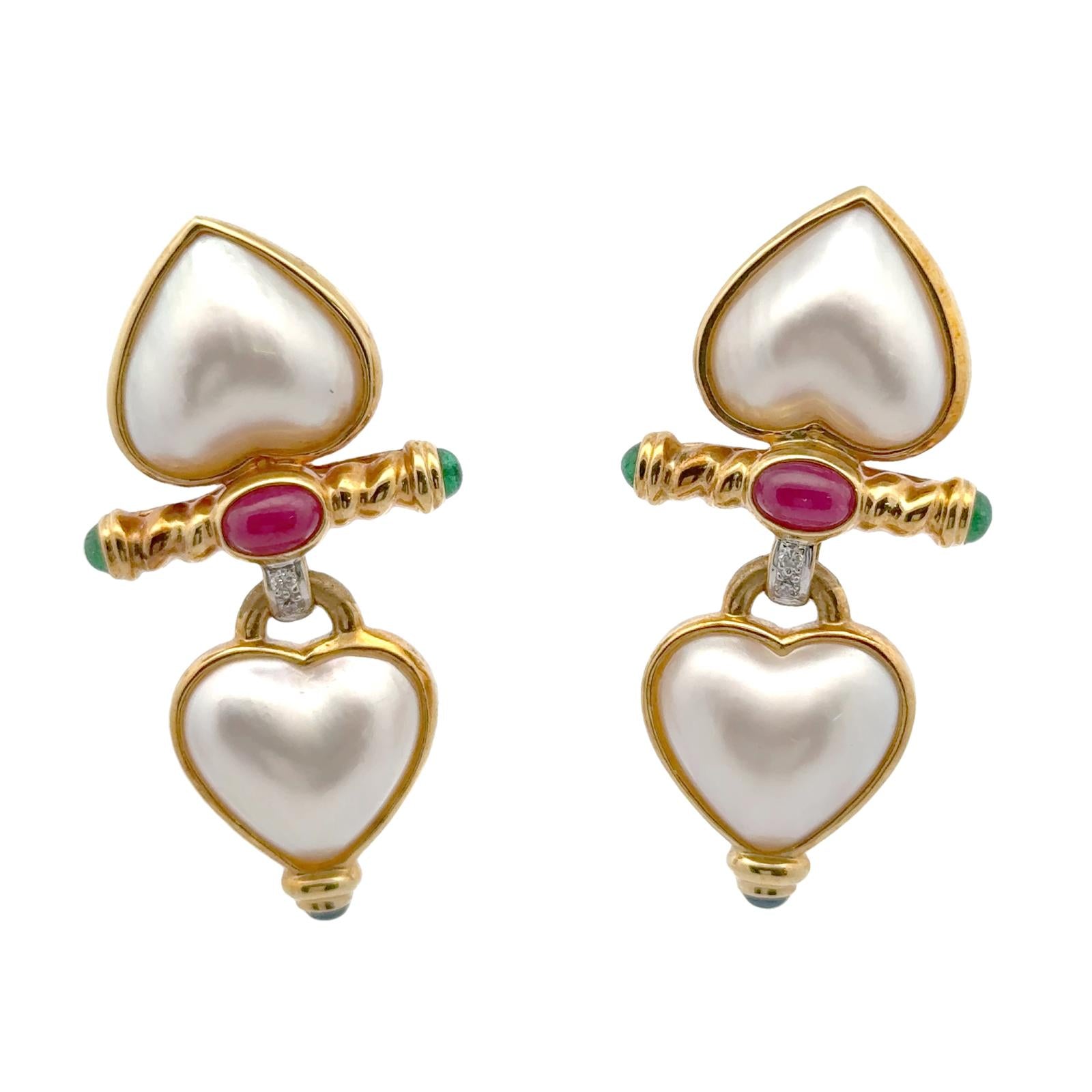Mabe Pearl Diamond Emerald Ruby Sapphire Heart Drop 18KYG Leverback Earrings