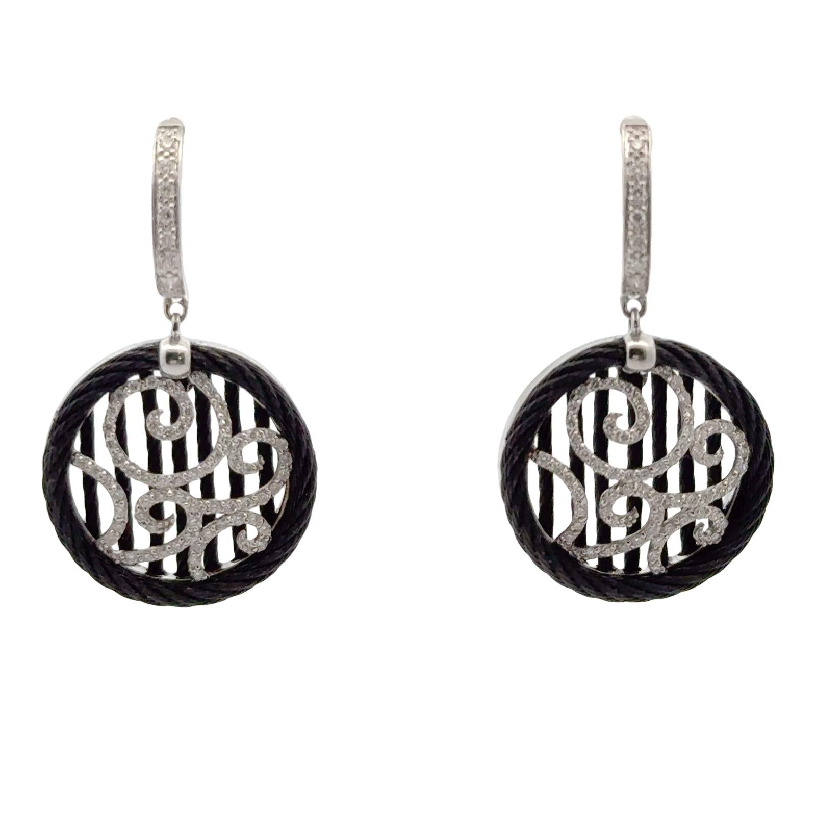 Diamond 18 Karat White Gold Black Steep Cable Circle Drop Earrings Designer Alor