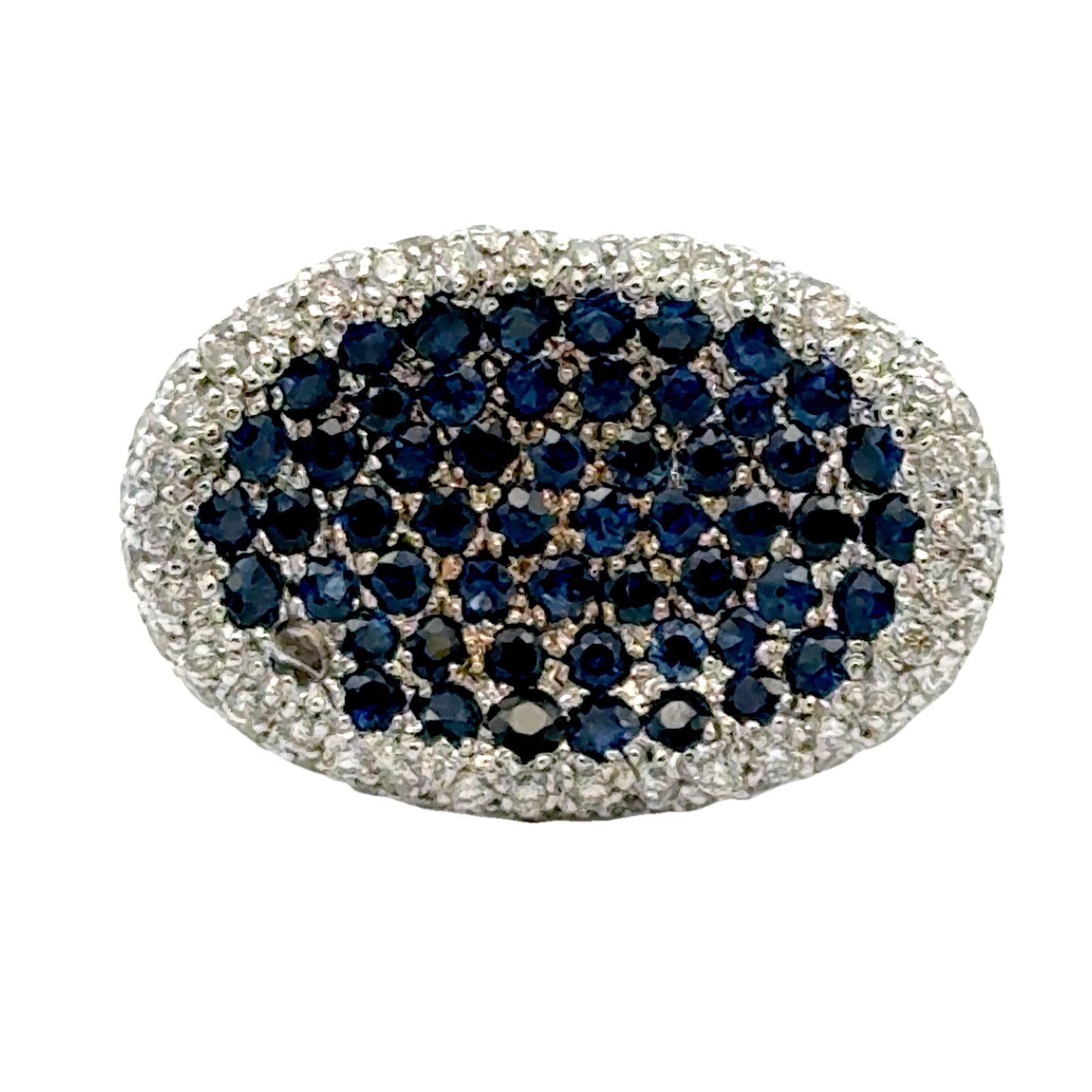 Modern Blue Sapphire Diamond 18 Karat White Gold Saddle Ring