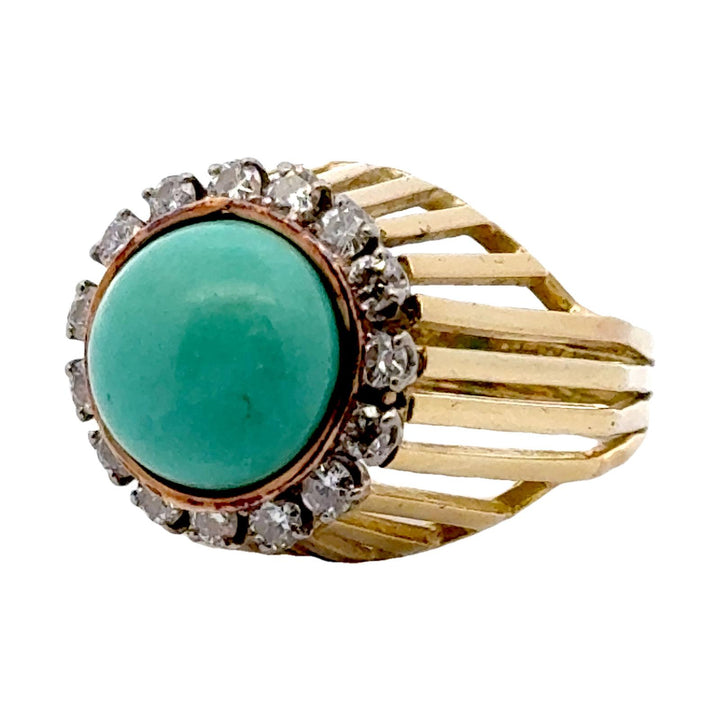 1970's Turquoise Diamond 14 Karat Yellow Gold Cocktail Ring