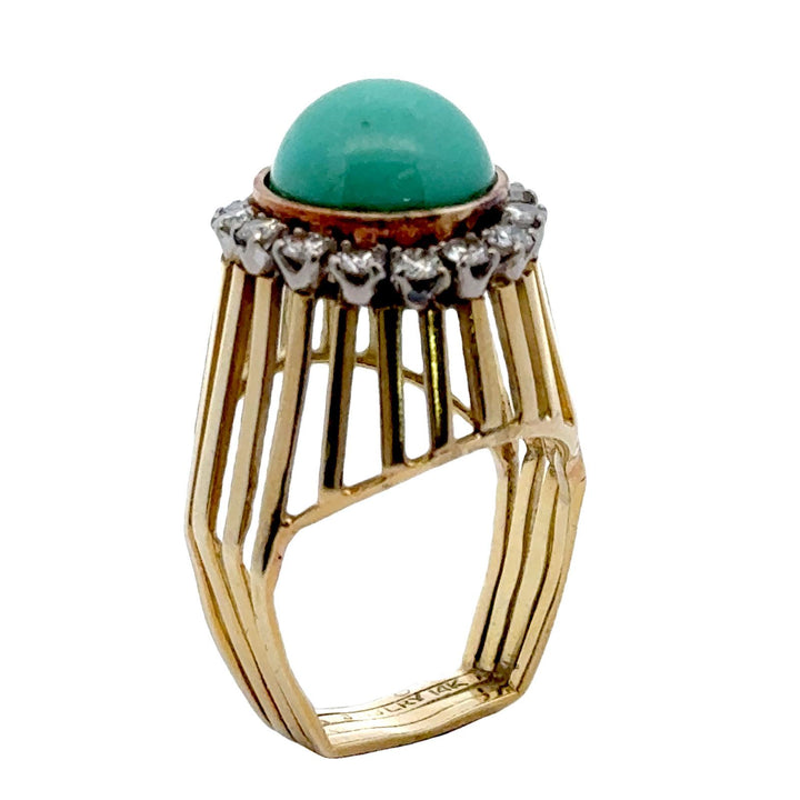 1970's Turquoise Diamond 14 Karat Yellow Gold Cocktail Ring