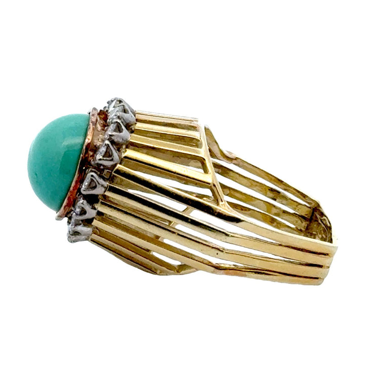 1970's Turquoise Diamond 14 Karat Yellow Gold Cocktail Ring