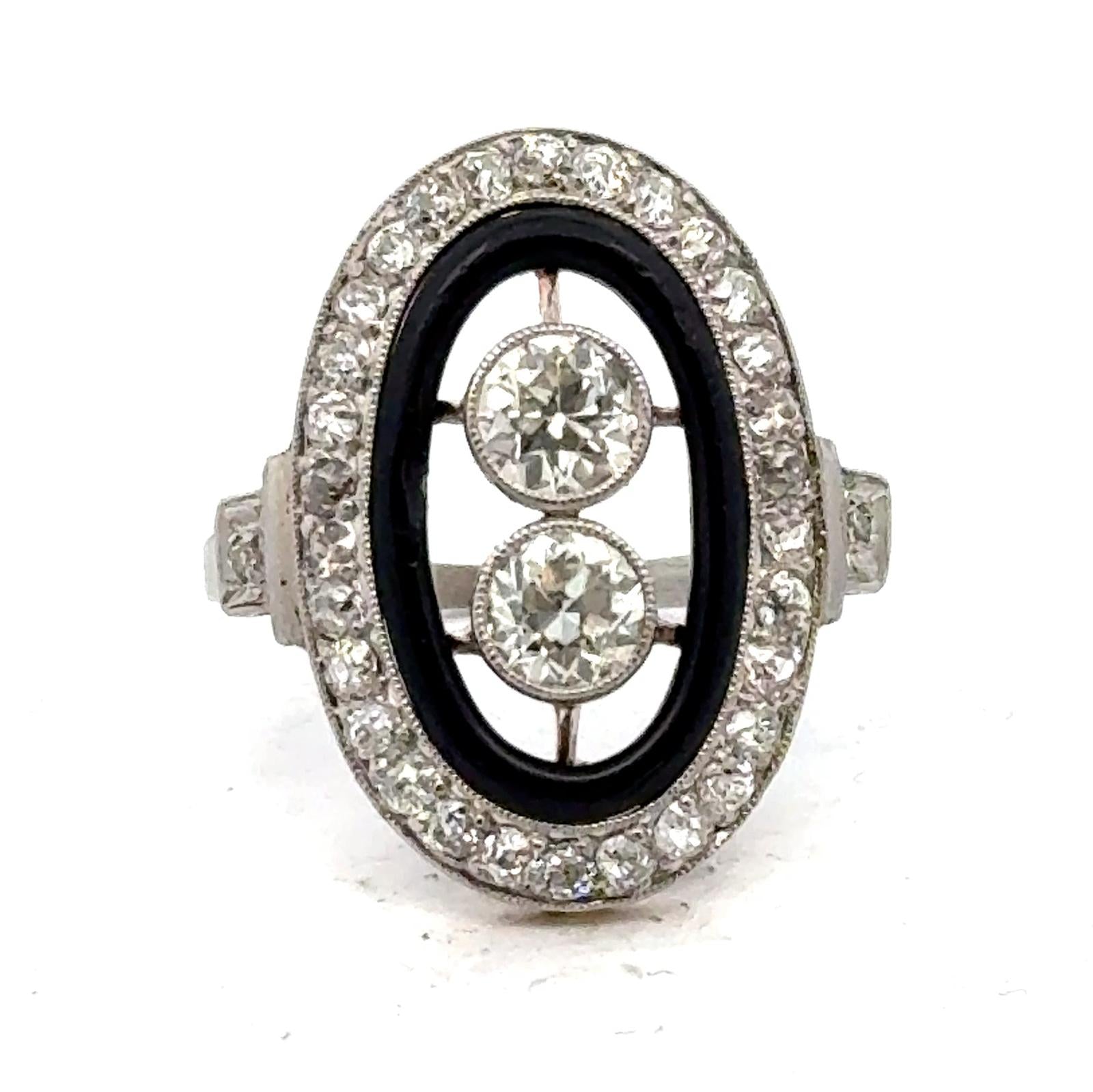 Art Deco Old European-Cut Diamond Black Enamel Platinum Cocktail Ring