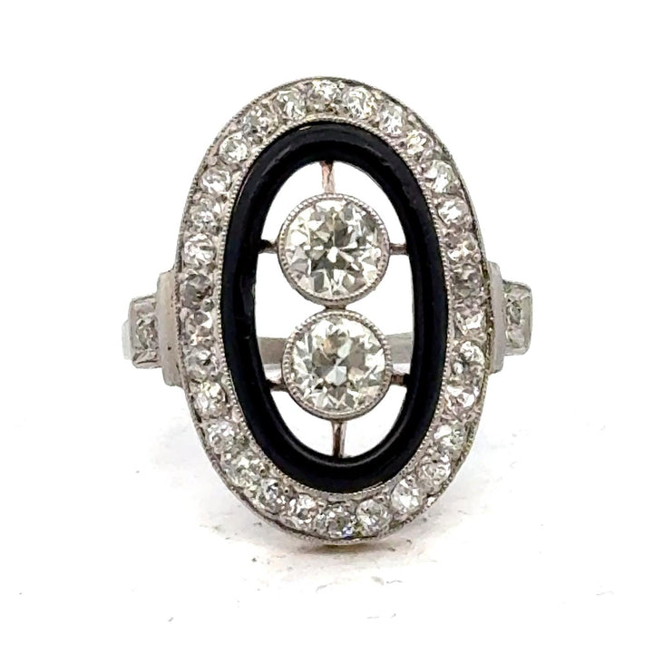 Art Deco Old European-Cut Diamond Black Enamel Platinum Cocktail Ring