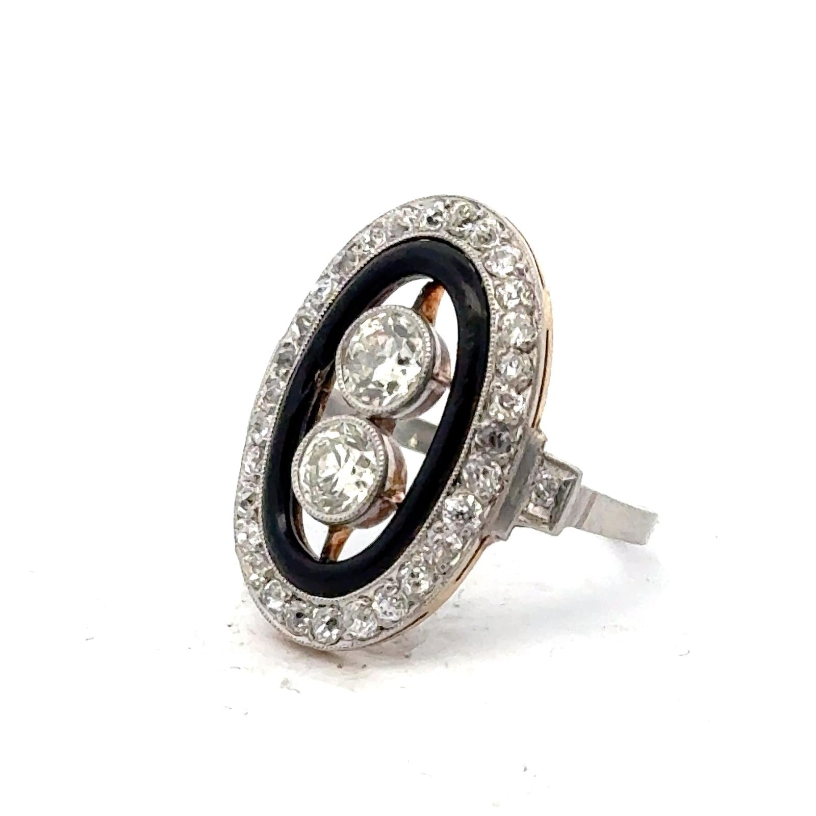 Art Deco Old European-Cut Diamond Black Enamel Platinum Cocktail Ring