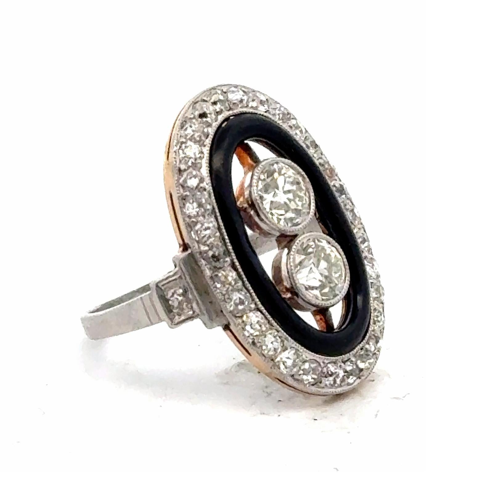Art Deco Old European-Cut Diamond Black Enamel Platinum Cocktail Ring