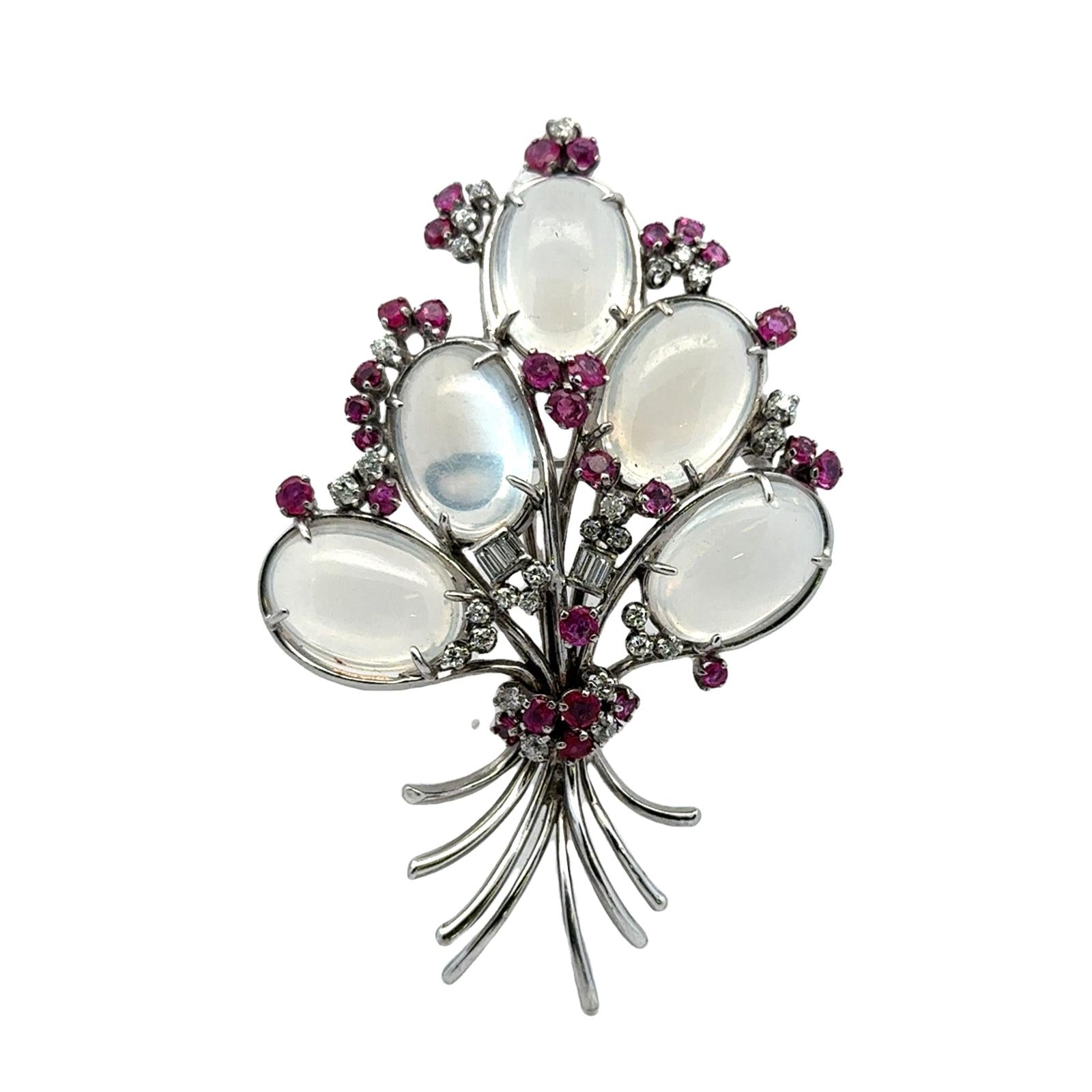 Mid-20th Century Moonstone Diamond Ruby 14 Karat White Gold Floral Design Brooch