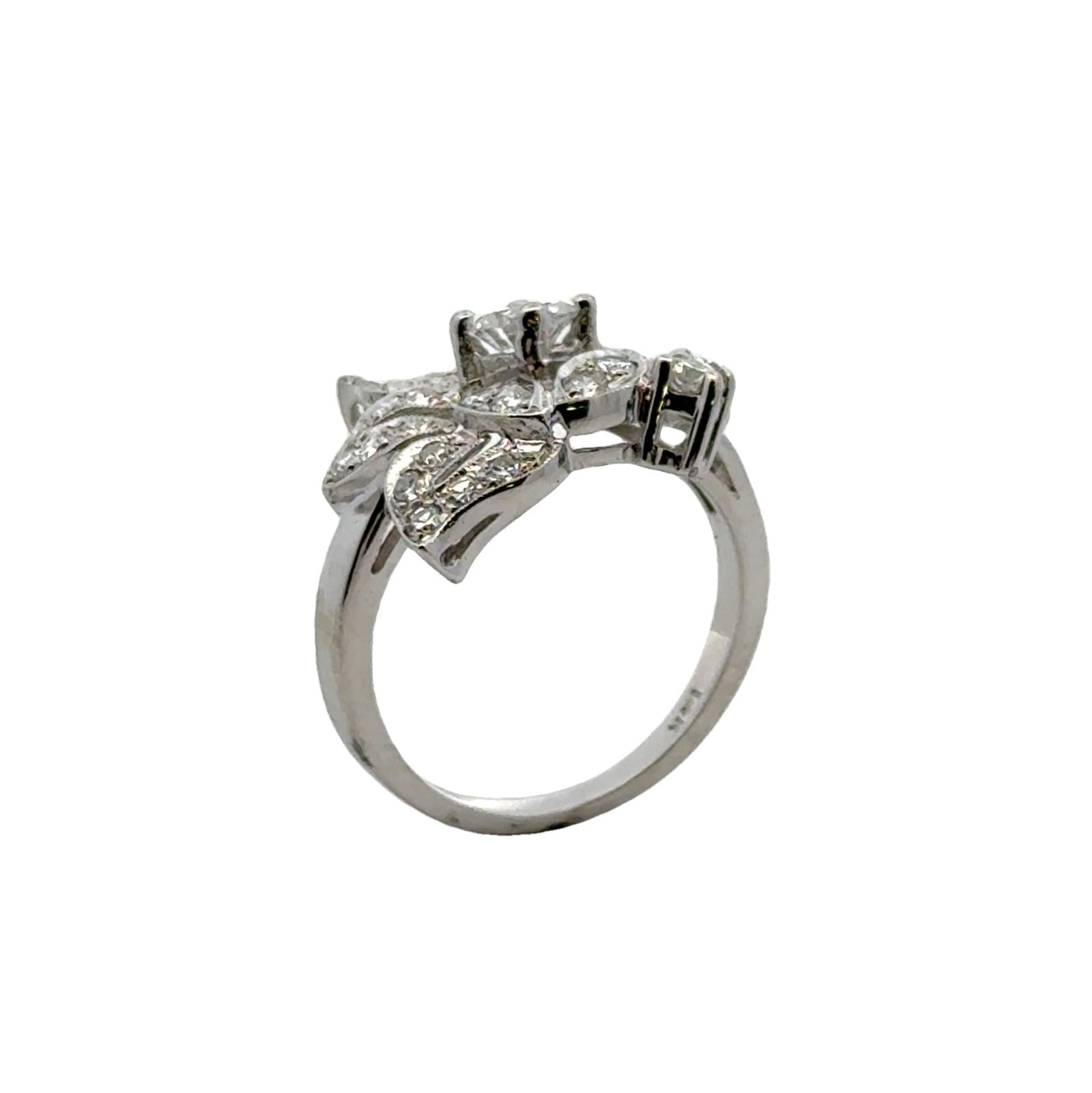 Mid-20th Century Diamond Floral Motif 14 Karat White Gold Vintage Ring