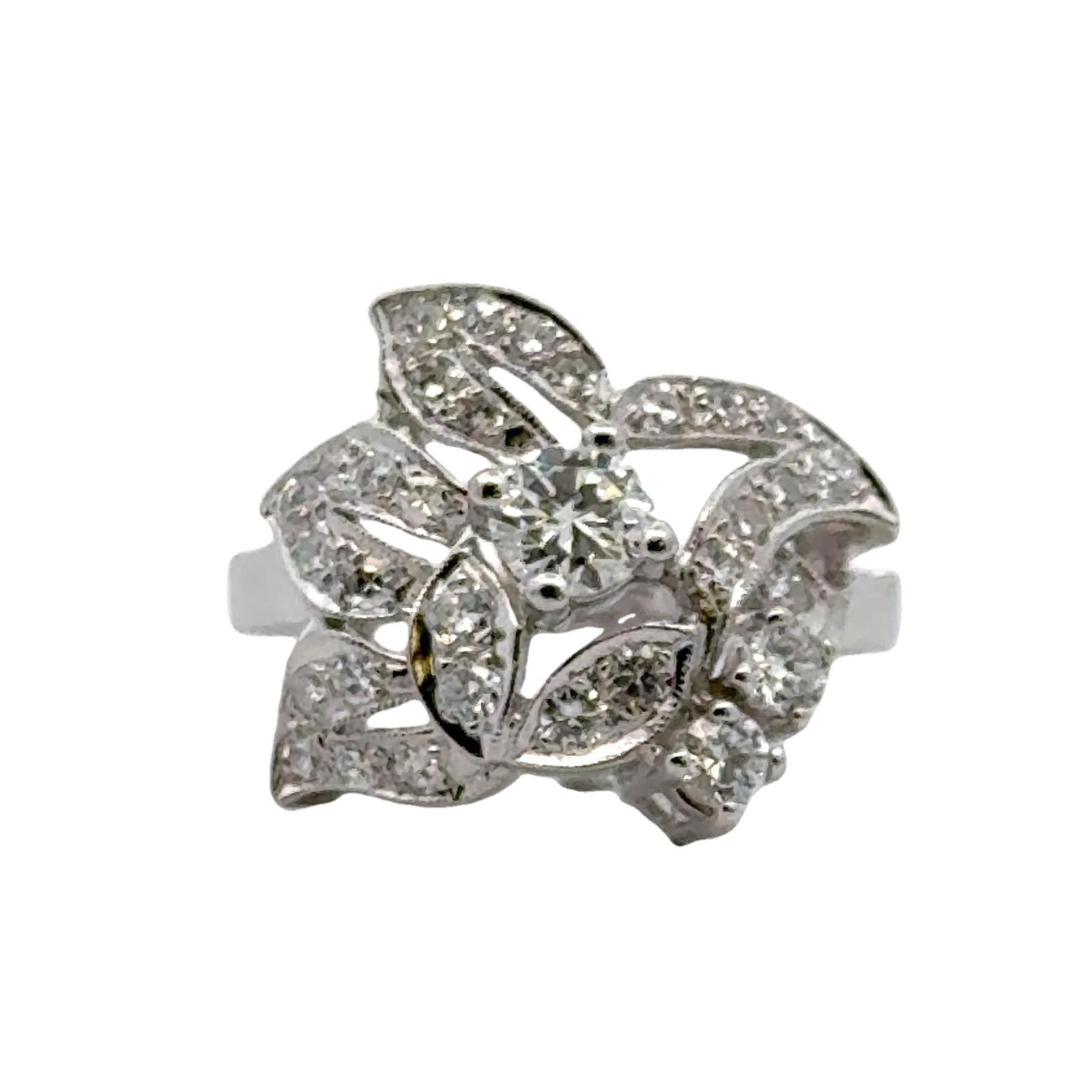 Mid-20th Century Diamond Floral Motif 14 Karat White Gold Vintage Ring