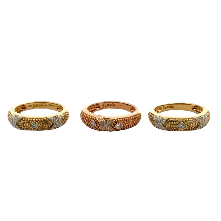 Set of Three Diamond 18 Karat Yellow & Rose Gold X Band Rings Designed by Sarosi