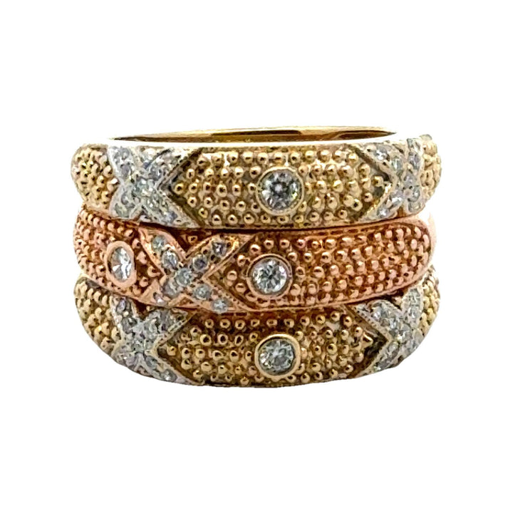 Set of Three Diamond 18 Karat Yellow & Rose Gold X Band Rings Designed by Sarosi