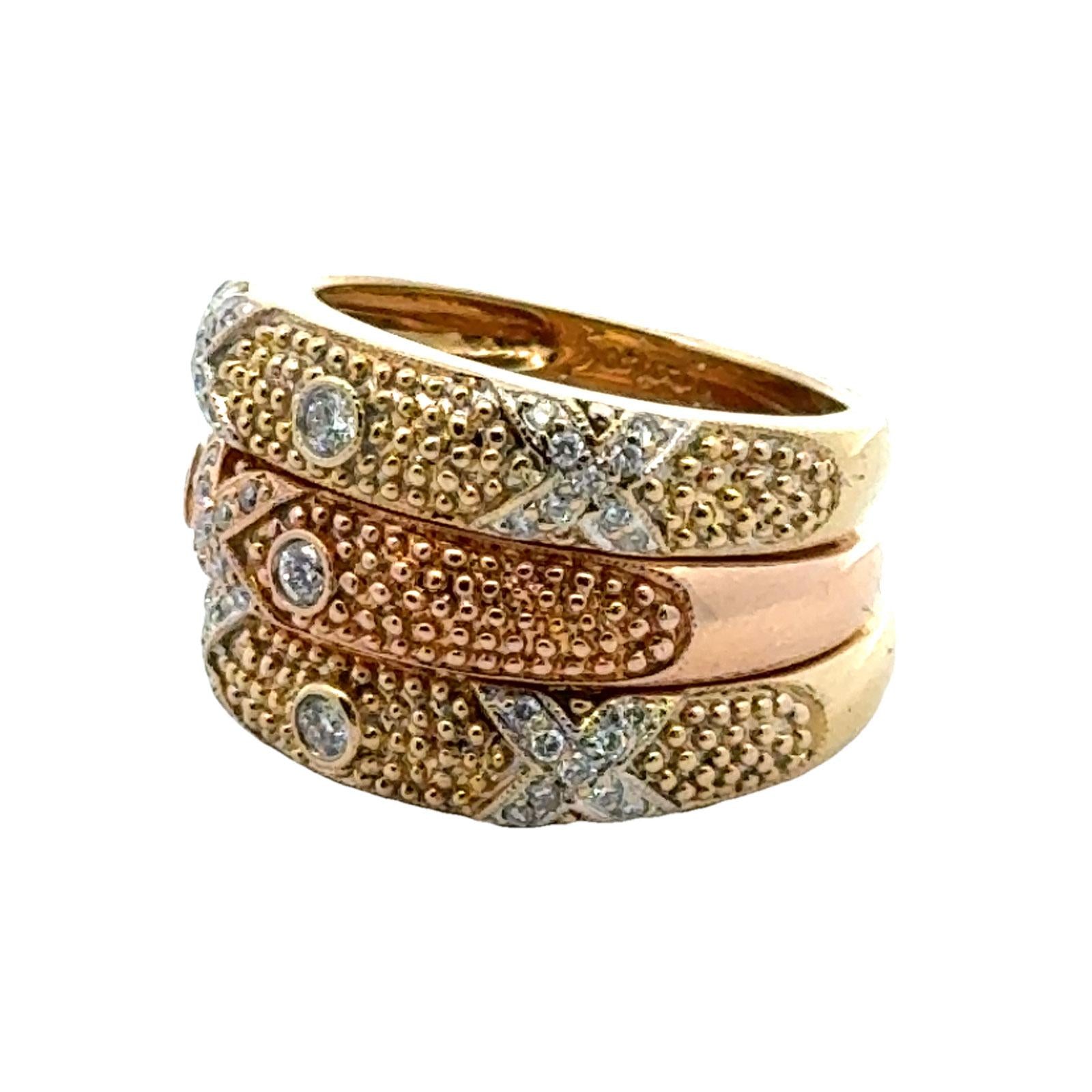 Set of Three Diamond 18 Karat Yellow & Rose Gold X Band Rings Designed by Sarosi