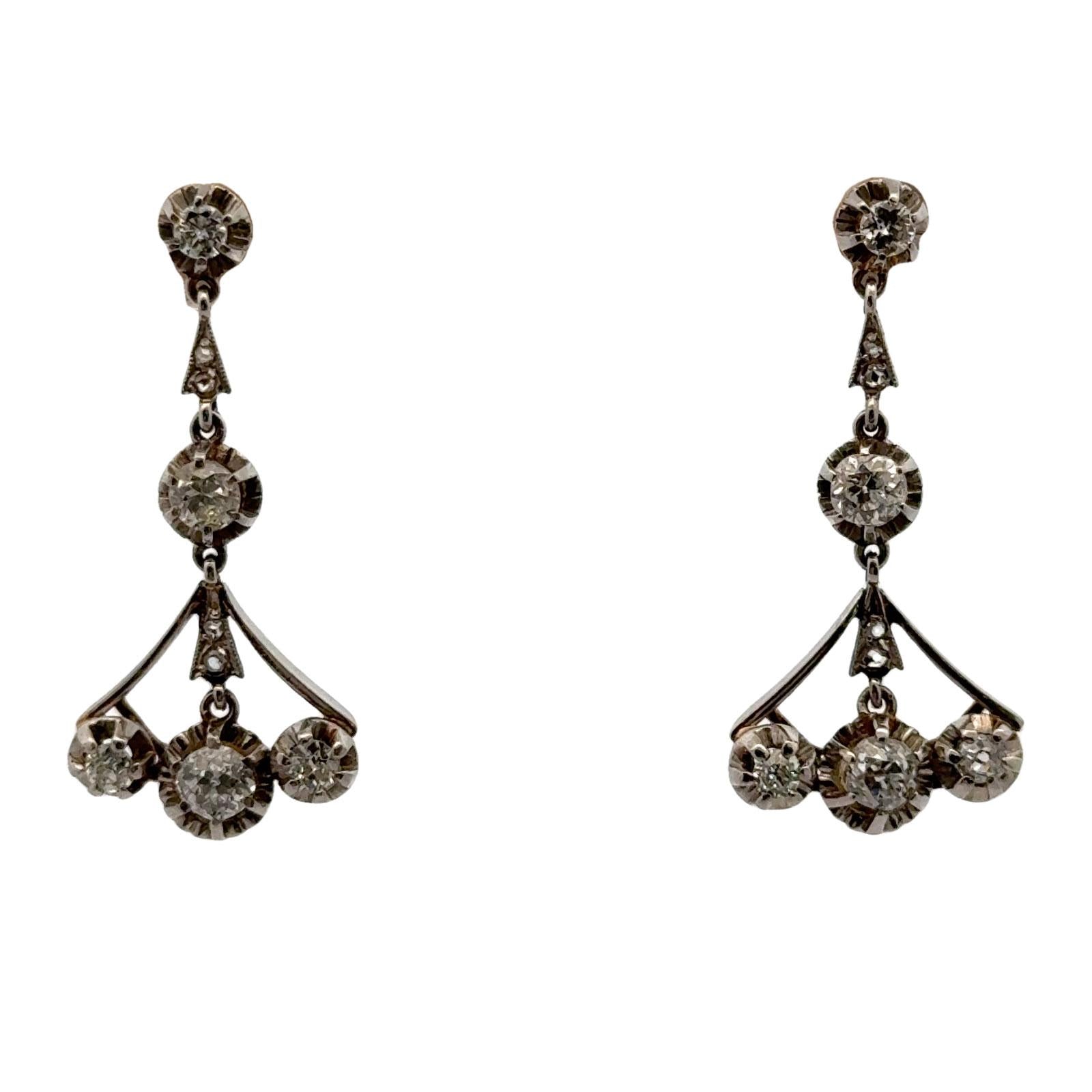 Early 20th Century Diamond Platinum & Yellow Gold Dangle Drop Vintage Earrings