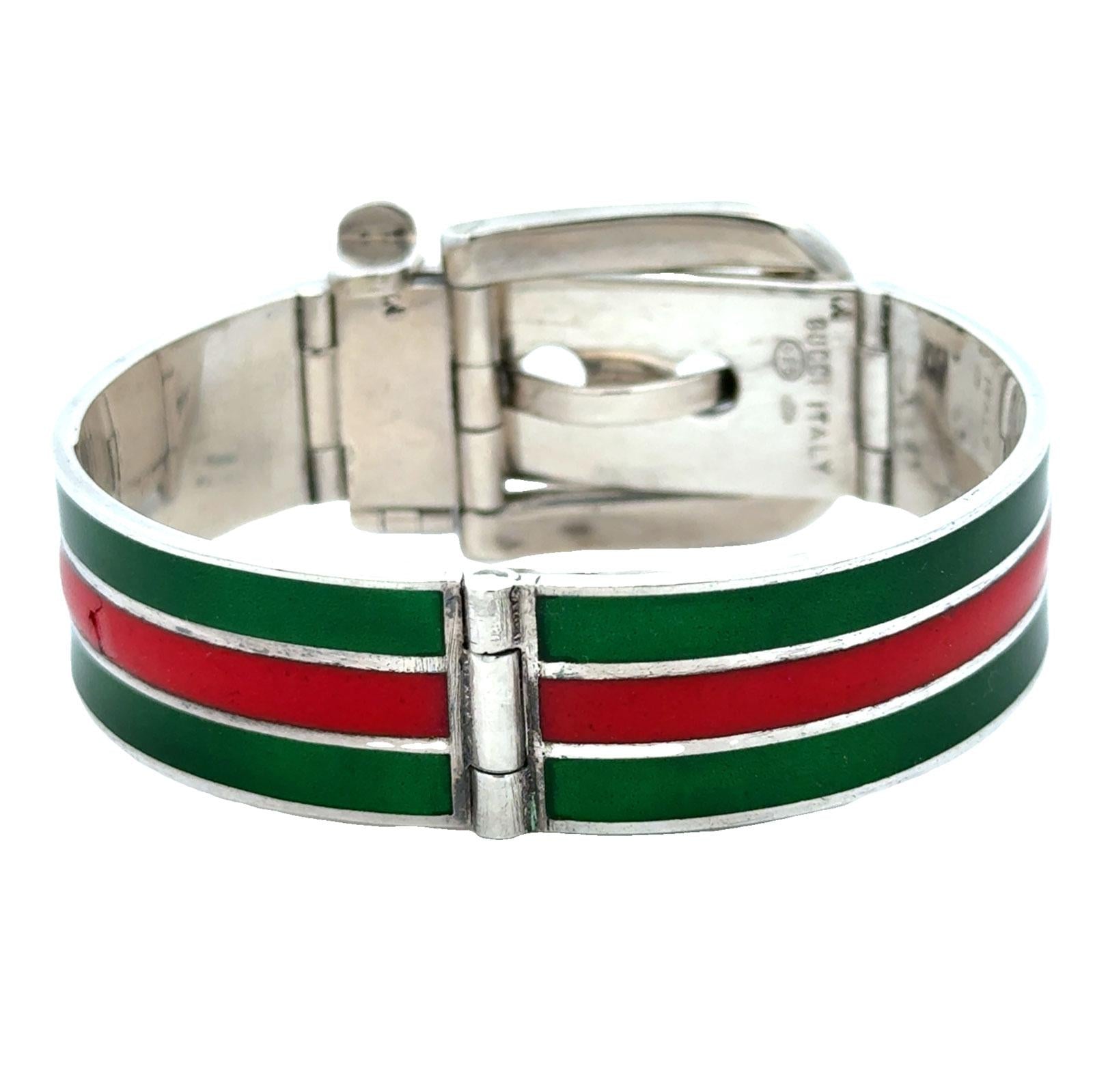 Late 20th Century Gucci Sterling Silver Enamel Hinged Buckle Bangle Bracelet