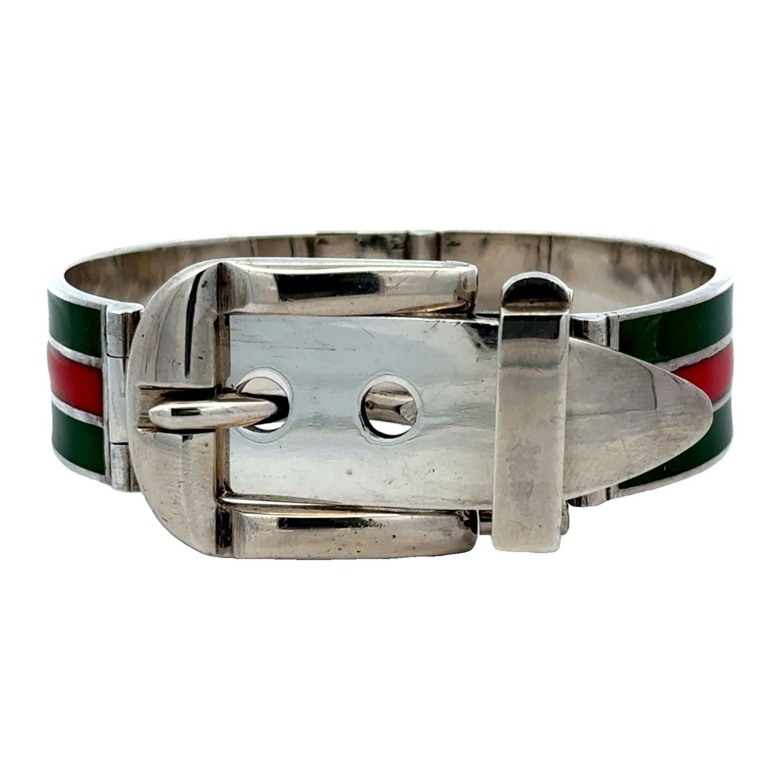 Late 20th Century Gucci Sterling Silver Enamel Hinged Buckle Bangle Bracelet