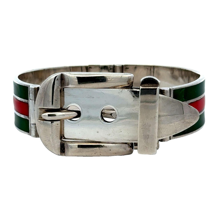 Late 20th Century Gucci Sterling Silver Enamel Hinged Buckle Bangle Bracelet