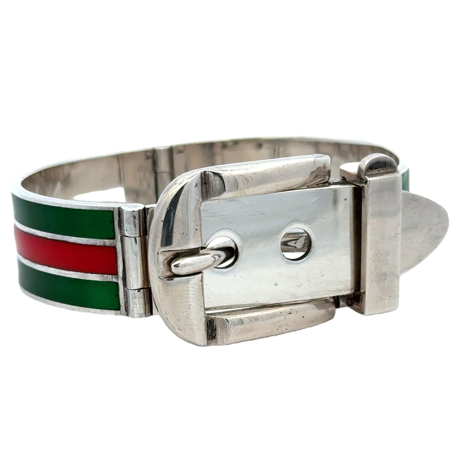 Late 20th Century Gucci Sterling Silver Enamel Hinged Buckle Bangle Bracelet