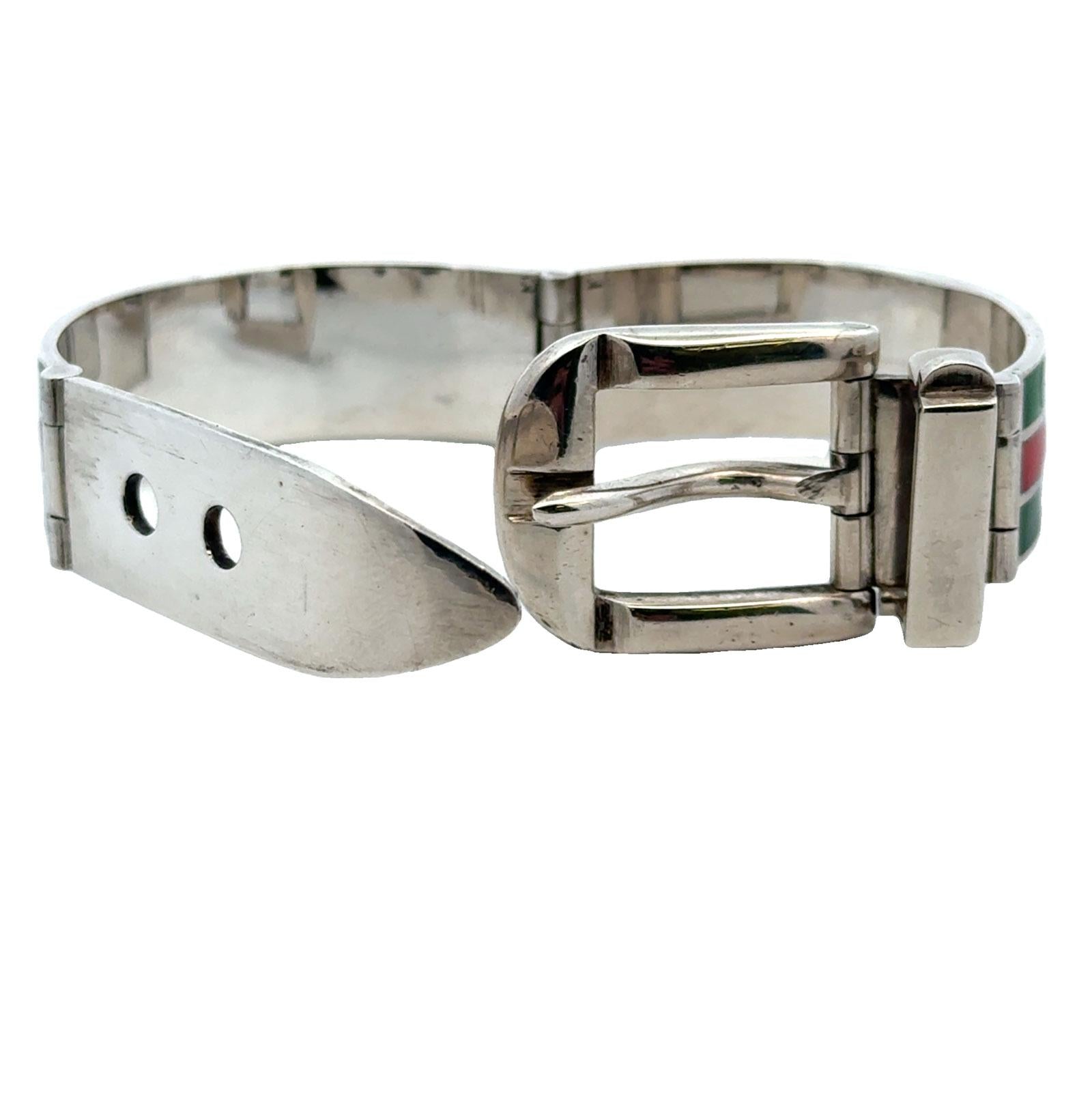 Late 20th Century Gucci Sterling Silver Enamel Hinged Buckle Bangle Bracelet