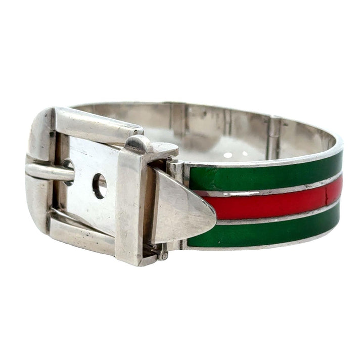 Late 20th Century Gucci Sterling Silver Enamel Hinged Buckle Bangle Bracelet