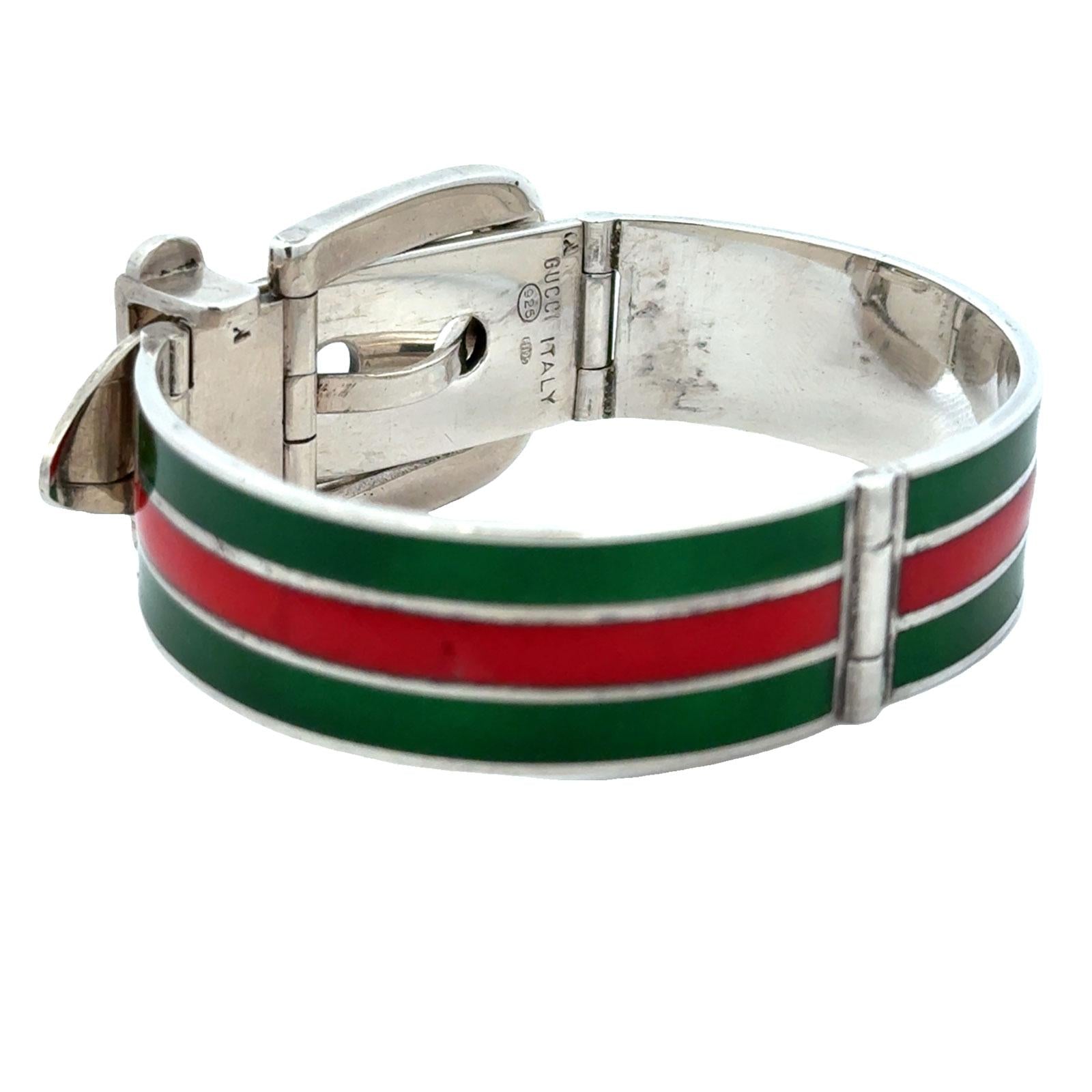 Late 20th Century Gucci Sterling Silver Enamel Hinged Buckle Bangle Bracelet