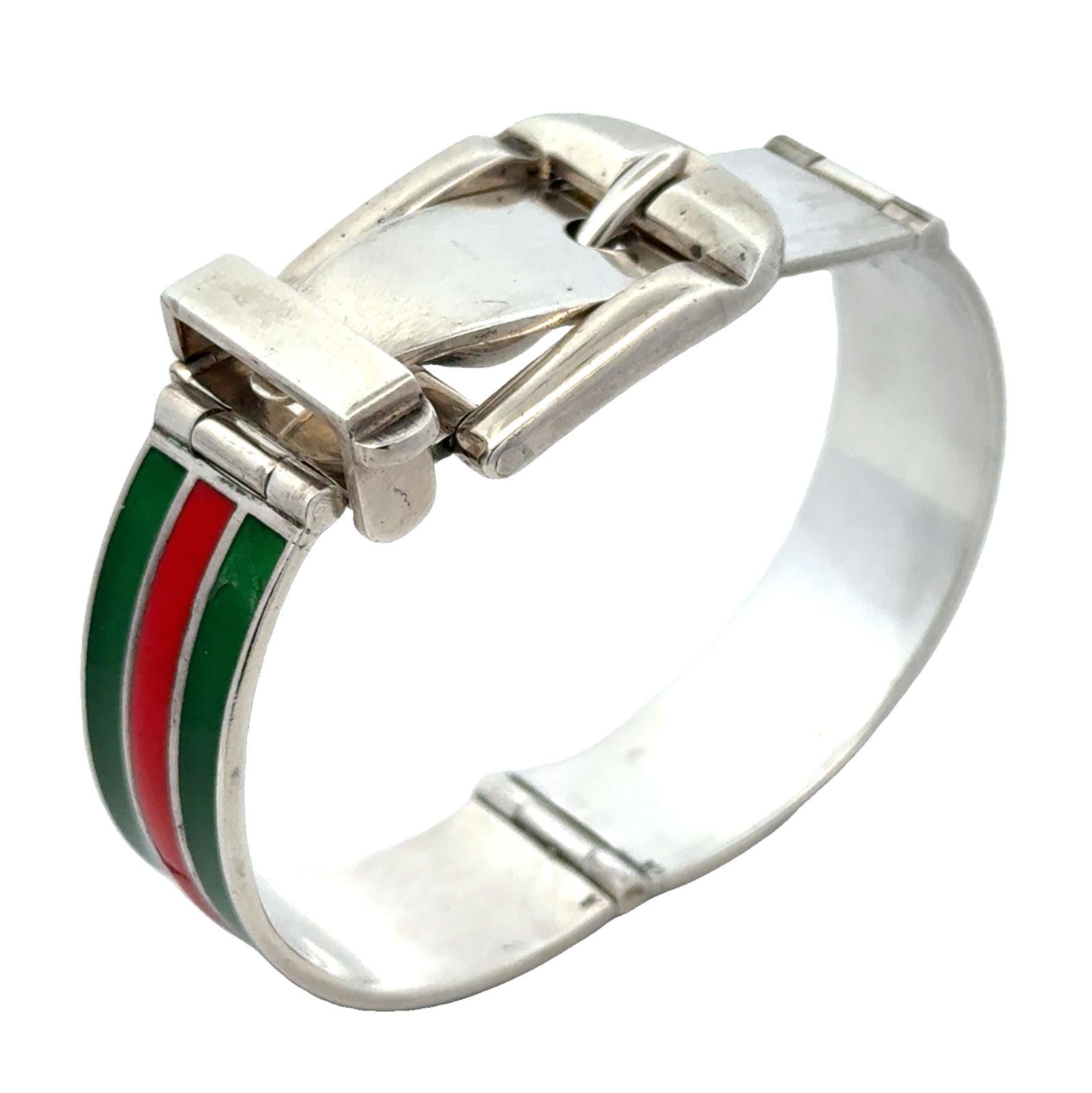 Late 20th Century Gucci Sterling Silver Enamel Hinged Buckle Bangle Bracelet