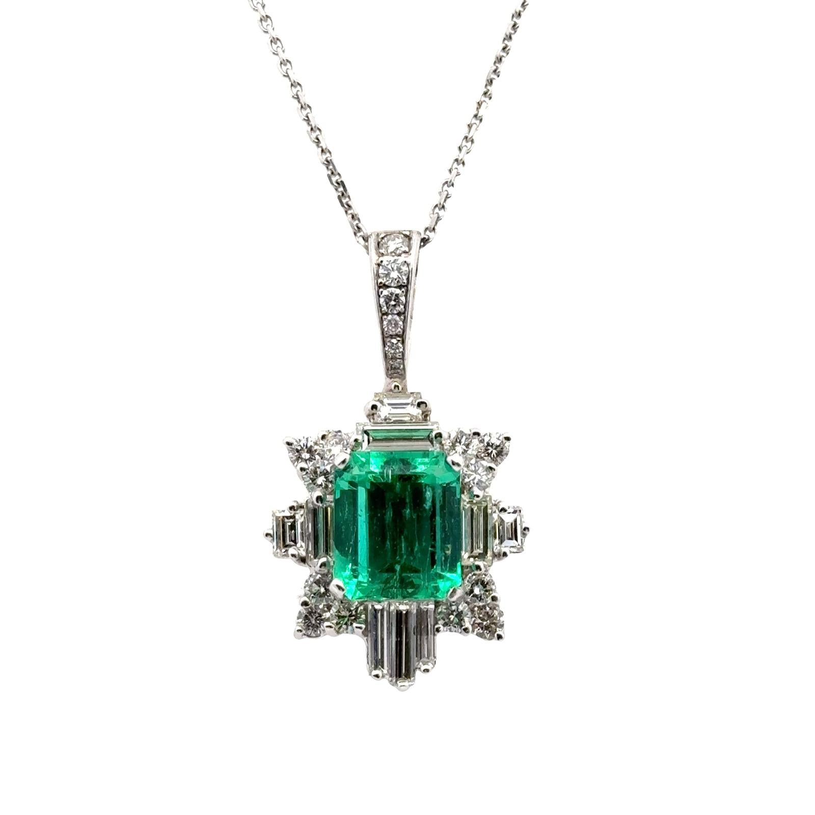 6.44 Carat Colombian Emerald Diamond 18 Karat White Gold Pendant Necklace
