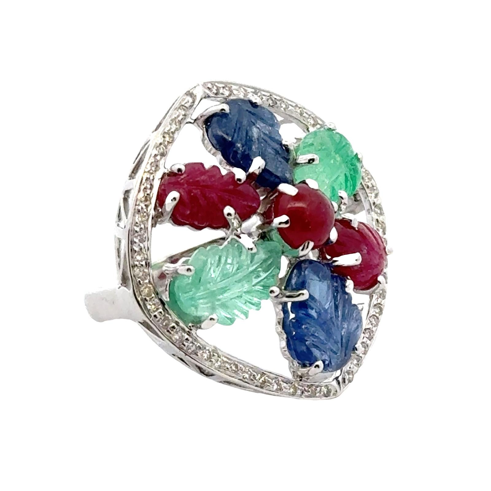 1960's Tutti Frutti Carved Emerald Sapphire Ruby Diamond 18KWG Cocktail Ring