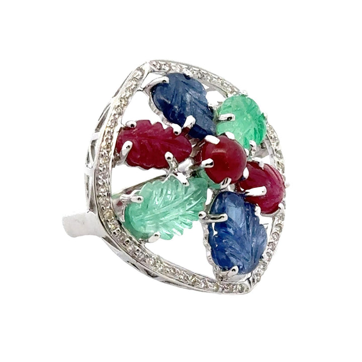 1960's Tutti Frutti Carved Emerald Sapphire Ruby Diamond 18KWG Cocktail Ring