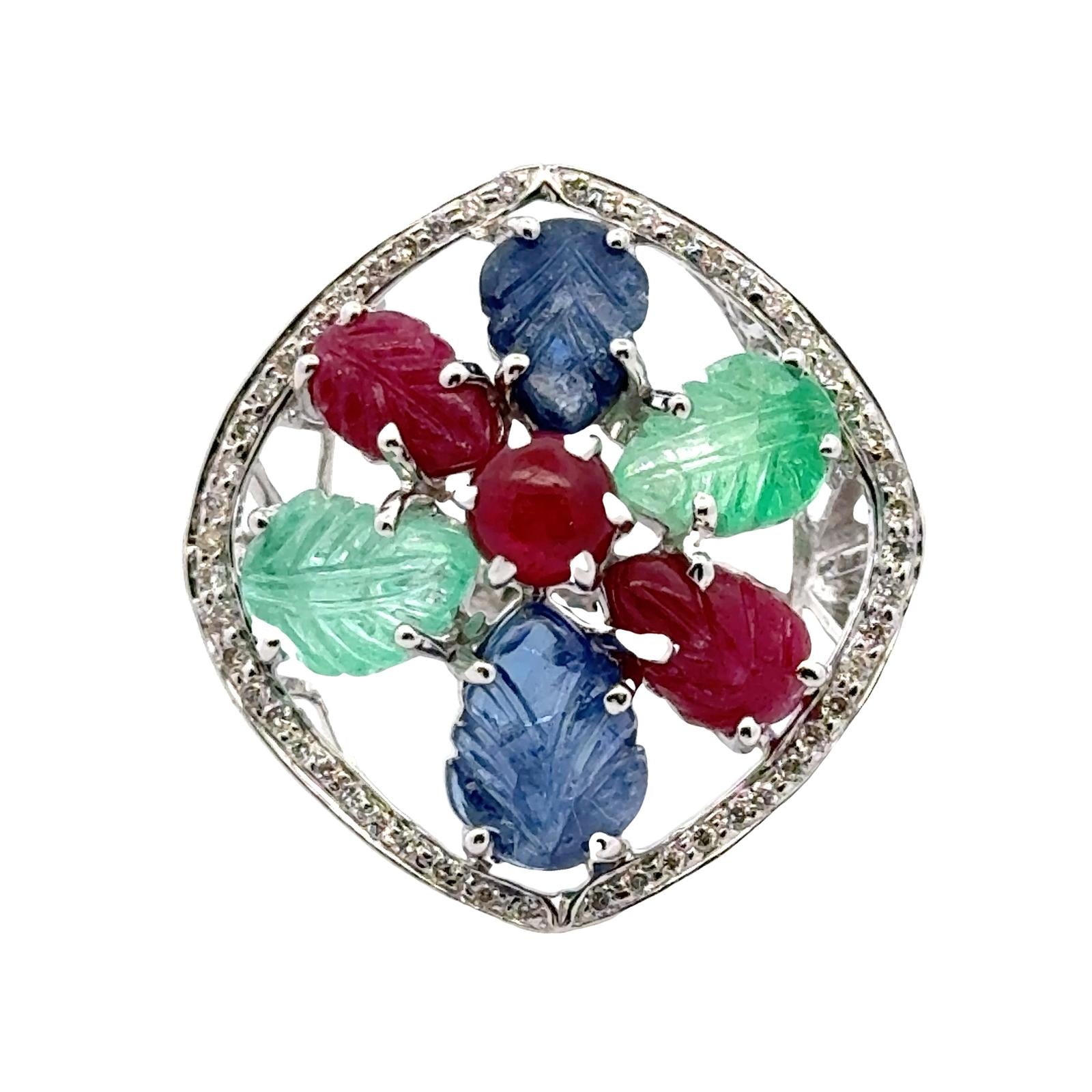 1960's Tutti Frutti Carved Emerald Sapphire Ruby Diamond 18KWG Cocktail Ring