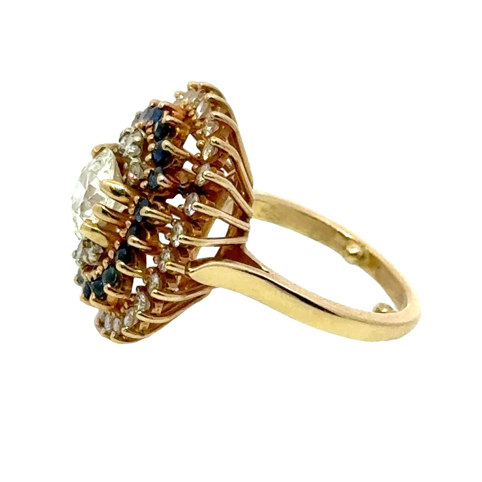 1940's Old European Cut Diamond Sapphire 14 Karat Yellow Gold Cocktail Ring