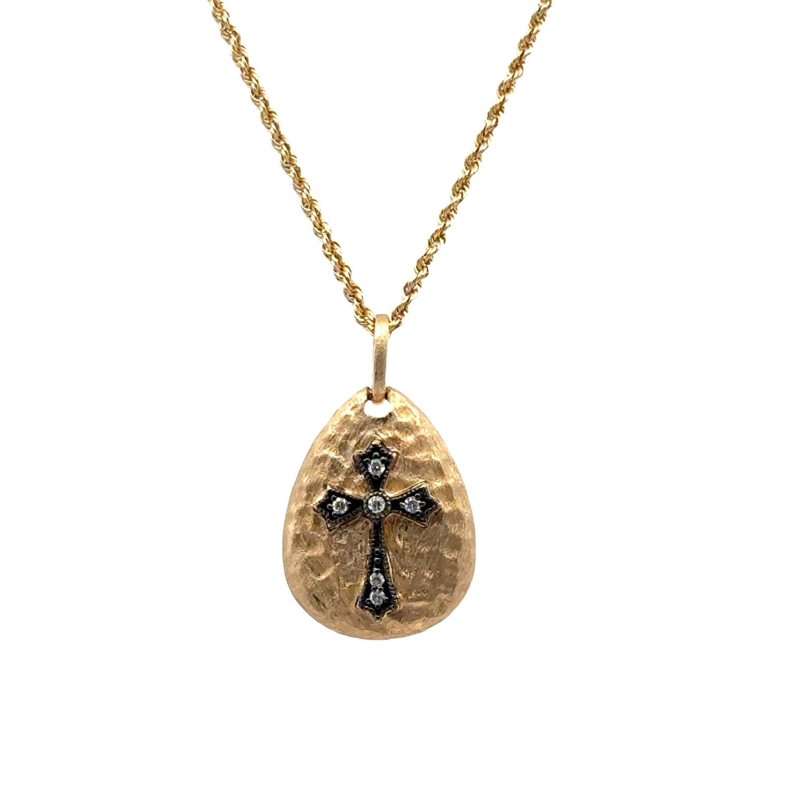 Diamond 14 Karat Yellow Hammered Gold Cross Pendant Necklace