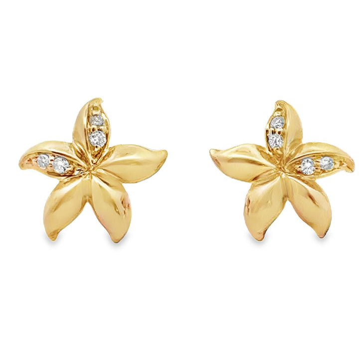 Modern Round Brilliant Diamond 14 Karat Yellow Gold Flower Stud Earrings